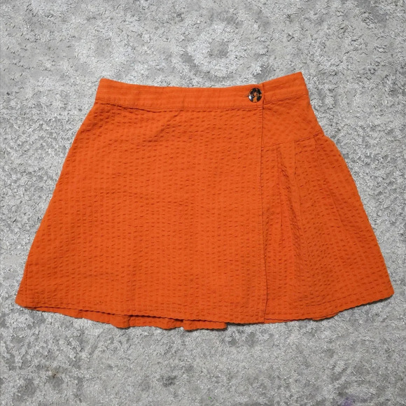 URBAN OUTFITTERS Orange Seersucker Wrap Mini Skirt, Linen Blend, Pleated Back, S - Picture 3 of 15